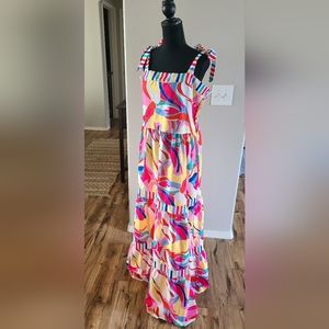 Colorblock Summer Sun maxi Dress beach tropical smocked stretchy XXL 14
